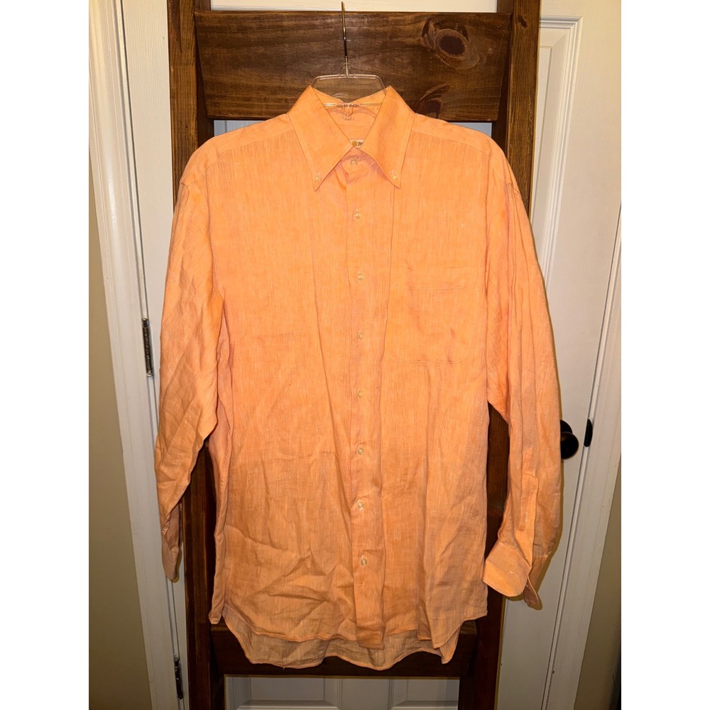 Peter Millar Mens Orange Linen Long Sleeve Button Down Shirt Size Medium